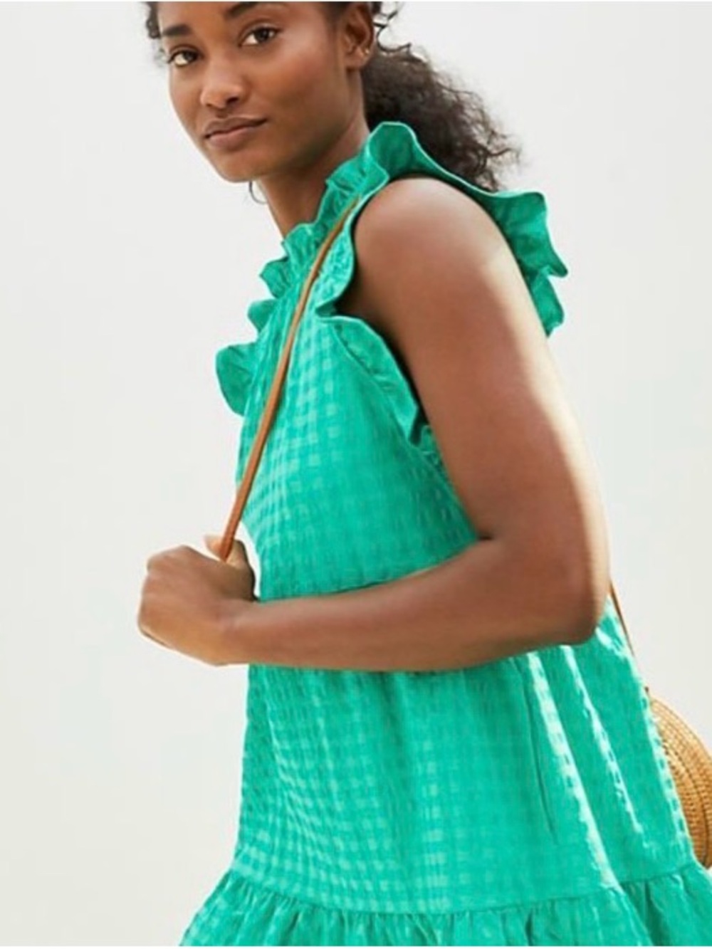 Anthropologie Maeve Sleevless Lida Green Ruffle-Trim Mini Dress Pockets SP